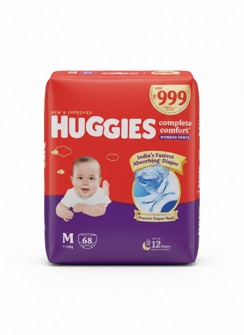 Huggies Complete Comfort Wonder Pants | Pant Style Baby Diapers Medium Size (M) 68 Count Ideal For  (7 - 12 Kgs)