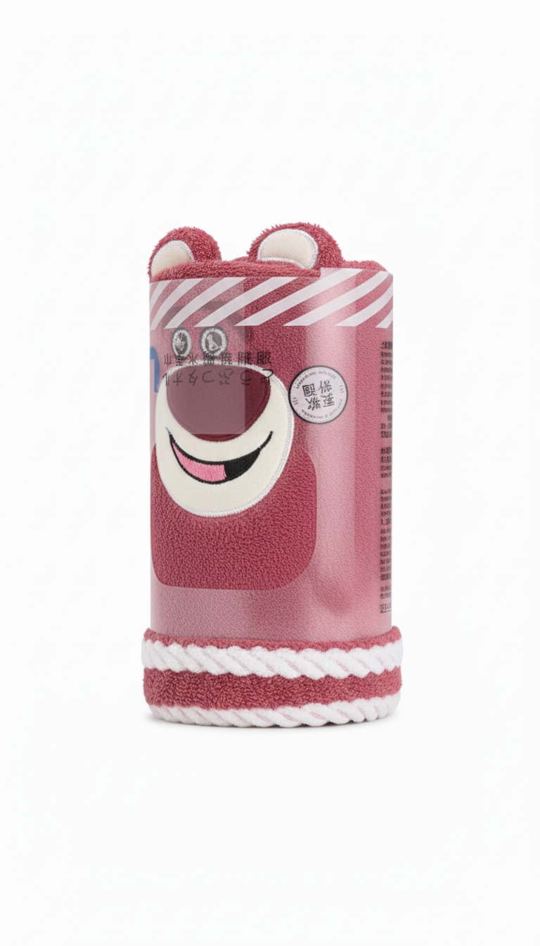 Cute Cartoon Bear Face Rolled Hand Towel With Hanging Rope – Pink