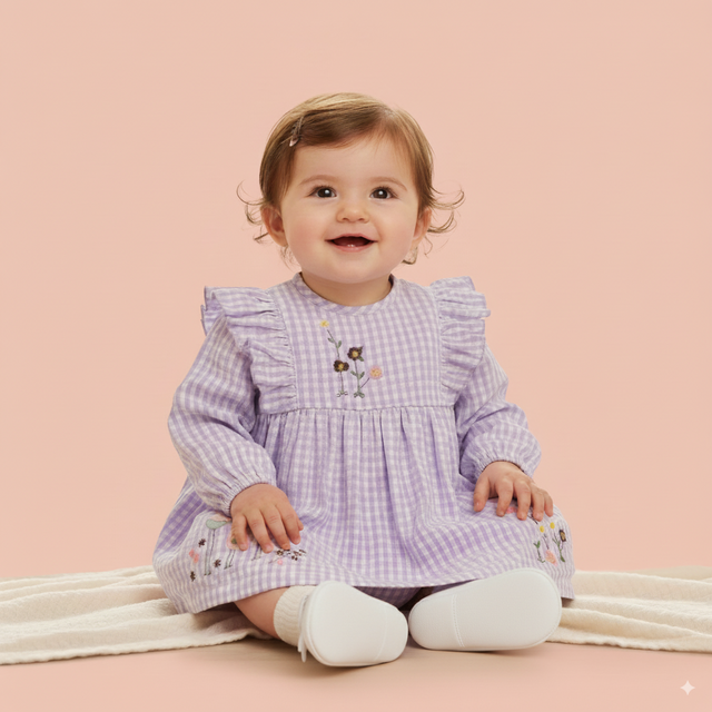 Embroidery Full Sleeves Gingham Dress With Bloomer - Purple
