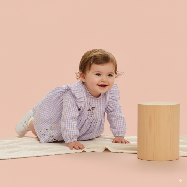 Embroidery Full Sleeves Gingham Dress With Bloomer - Purple