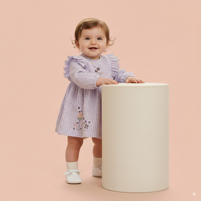 Embroidery Full Sleeves Gingham Dress With Bloomer - Purple