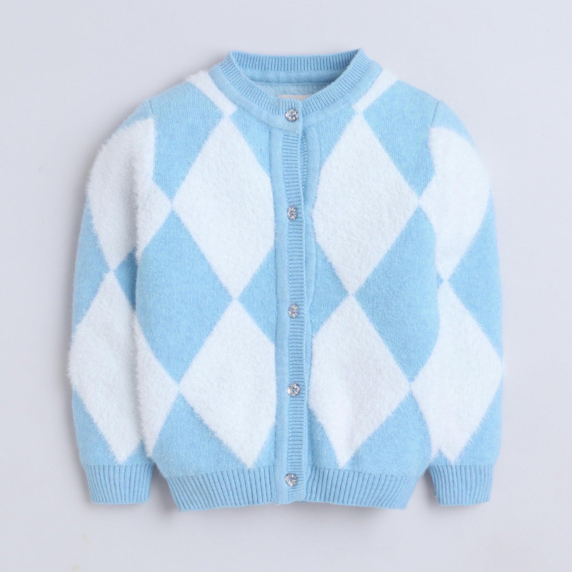Girls Sky Blue and White Argyle Knit Cardigan