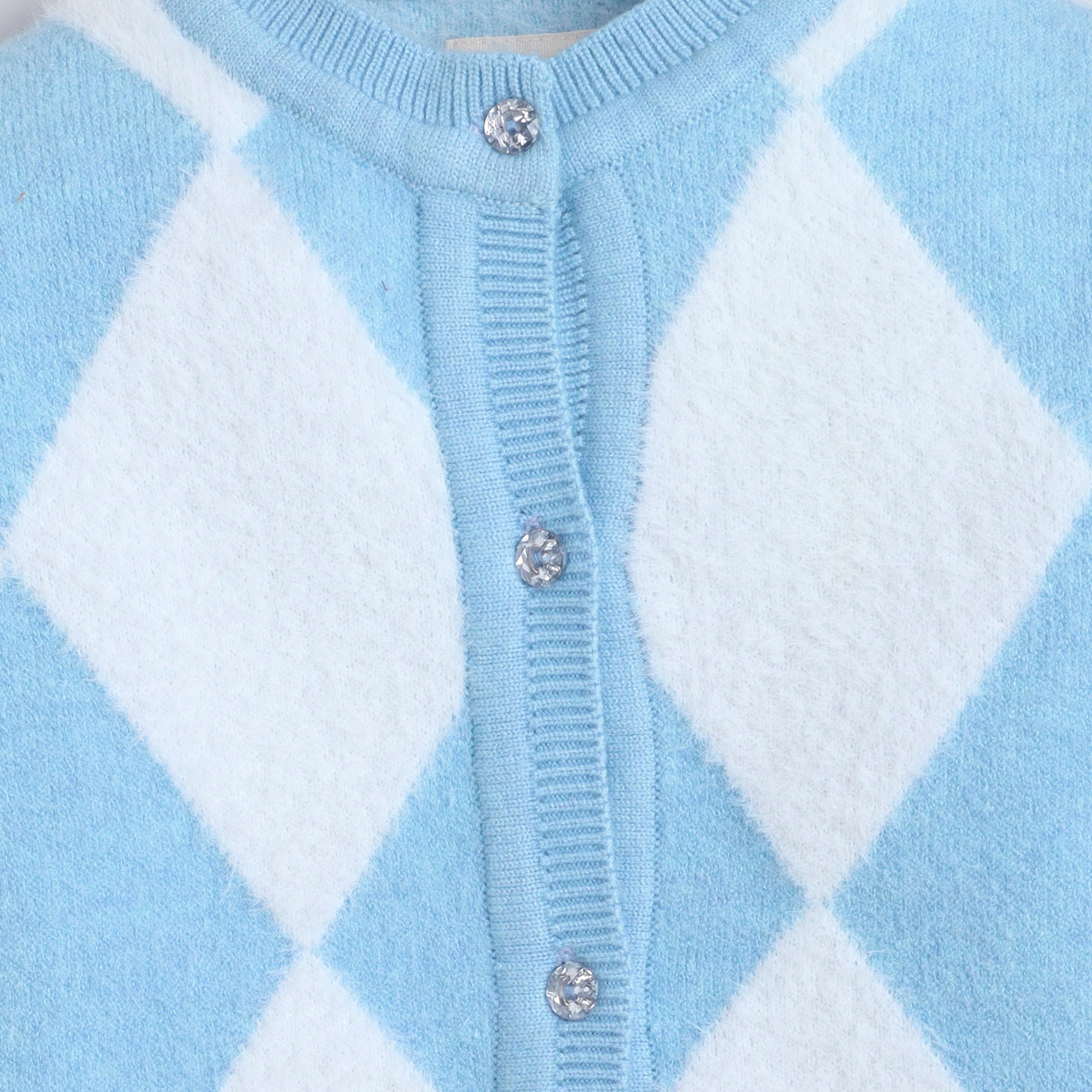 Girls Sky Blue and White Argyle Knit Cardigan