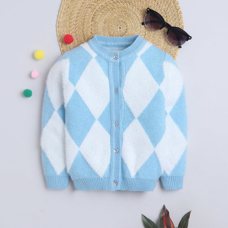 Girls Sky Blue and White Argyle Knit Cardigan