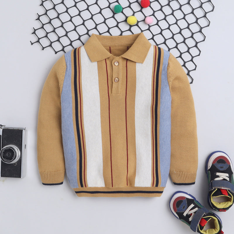 Kids Beige Multi-Stripe Knit Polo Sweater