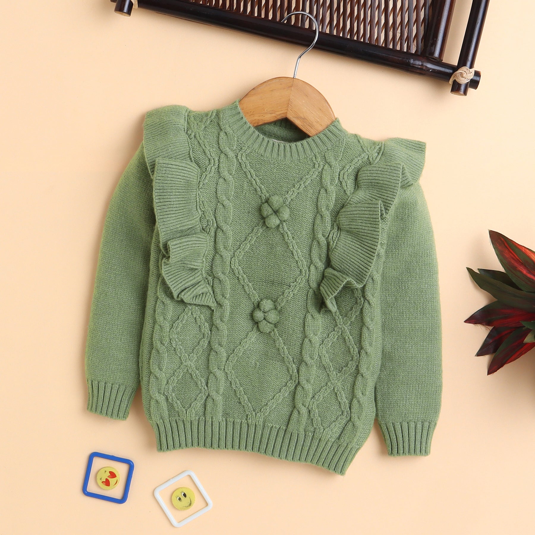 Girls Pistachio Green Cable Knit Sweater with Ruffle Detail