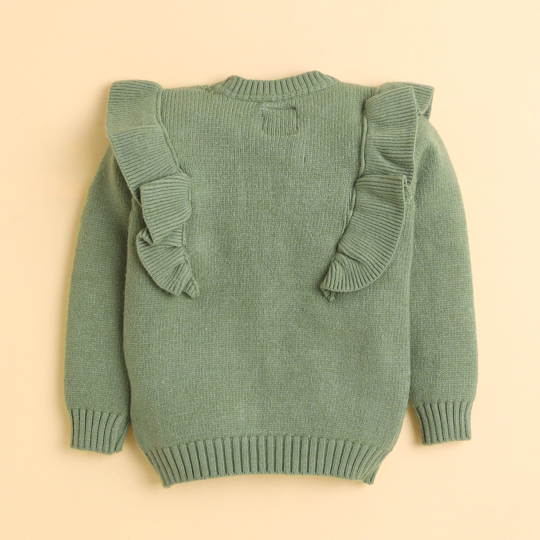 Girls Pistachio Green Cable Knit Sweater with Ruffle Detail
