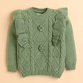 Girls Pistachio Green Cable Knit Sweater with Ruffle Detail