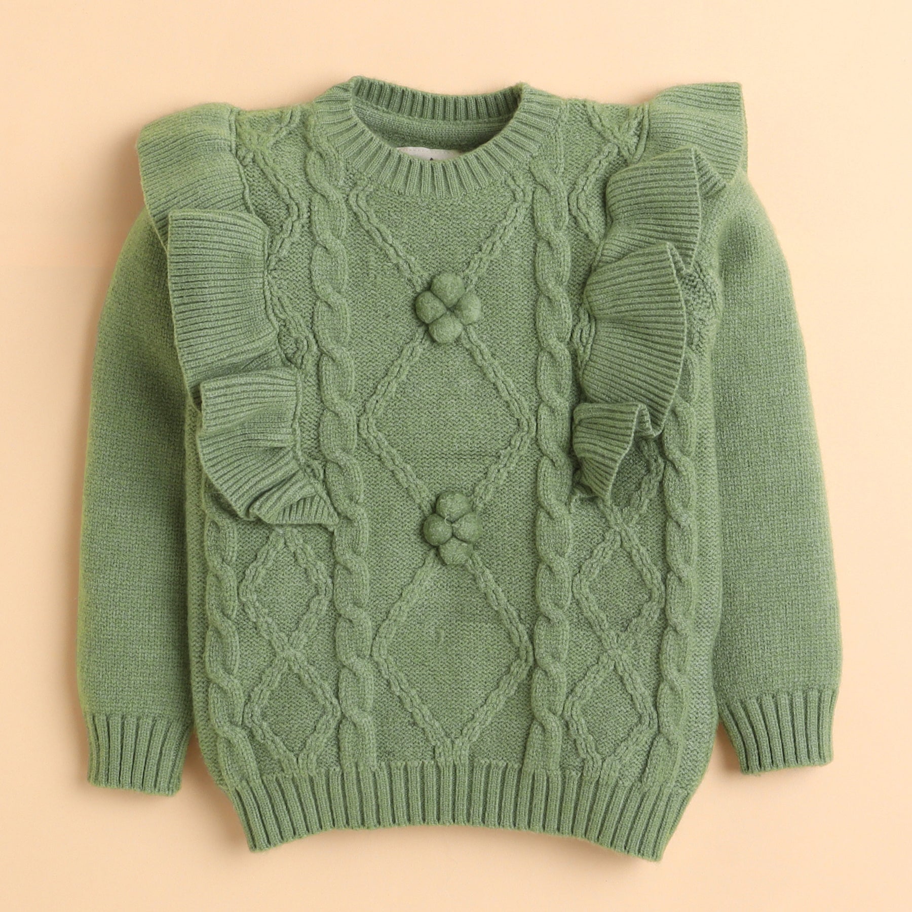 Girls Pistachio Green Cable Knit Sweater with Ruffle Detail