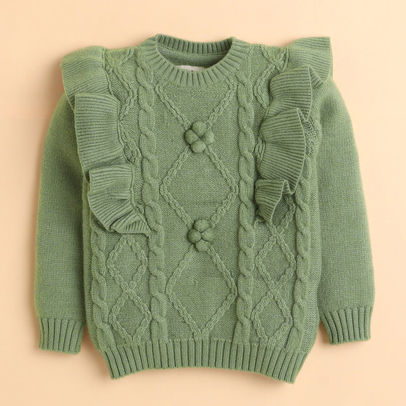 Girls Pistachio Green Cable Knit Sweater with Ruffle Detail