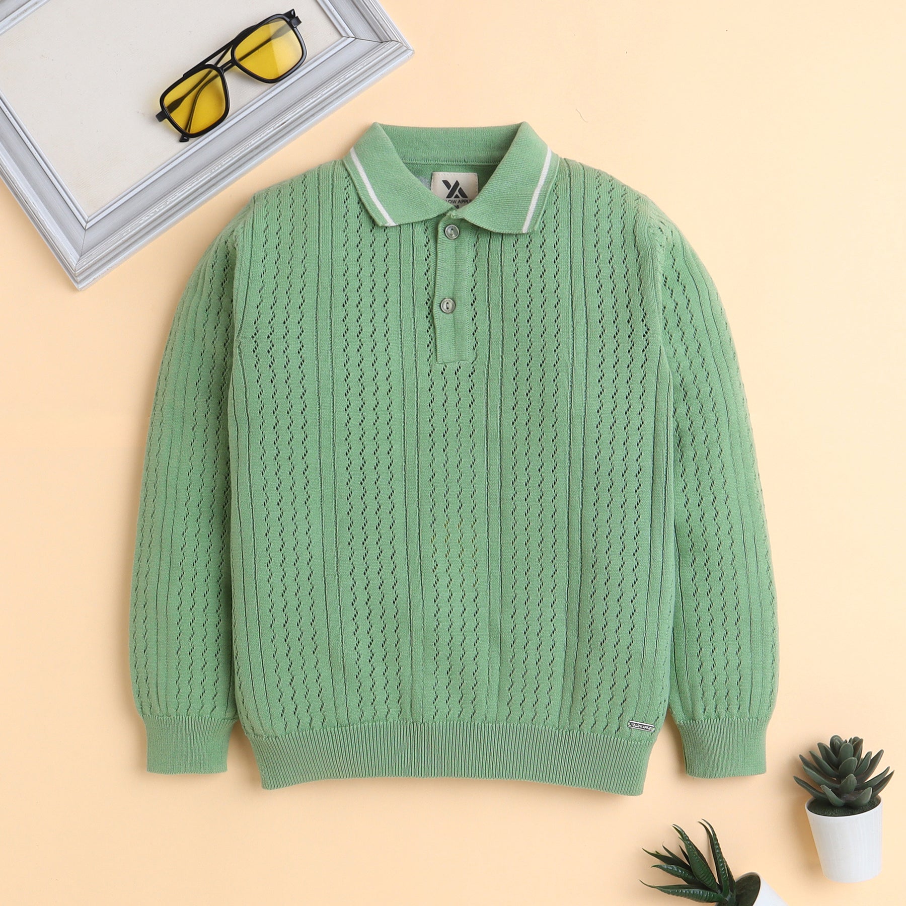 Kids Pistachio Green Knit Polo Sweater