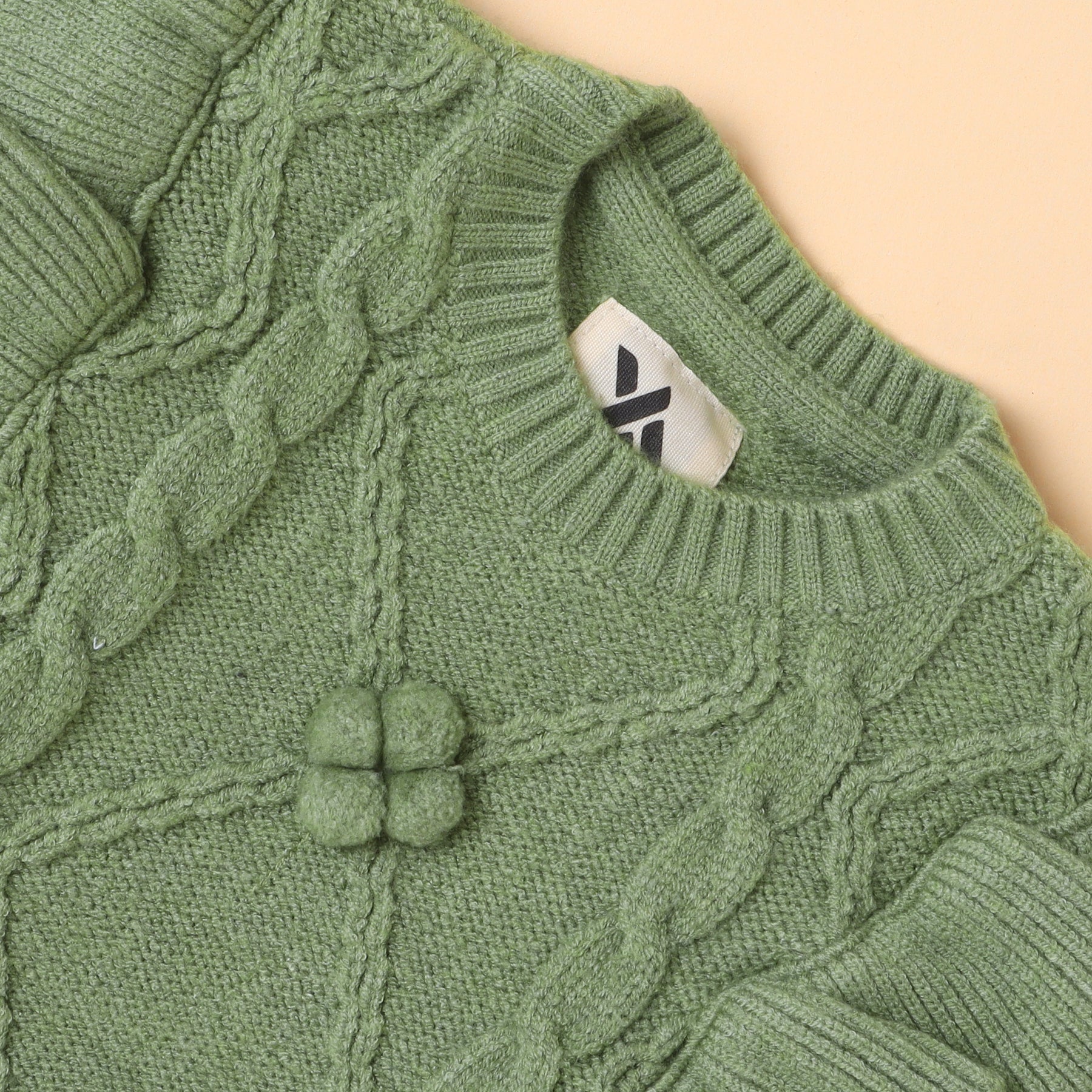 Girls Pistachio Green Cable Knit Sweater with Ruffle Detail