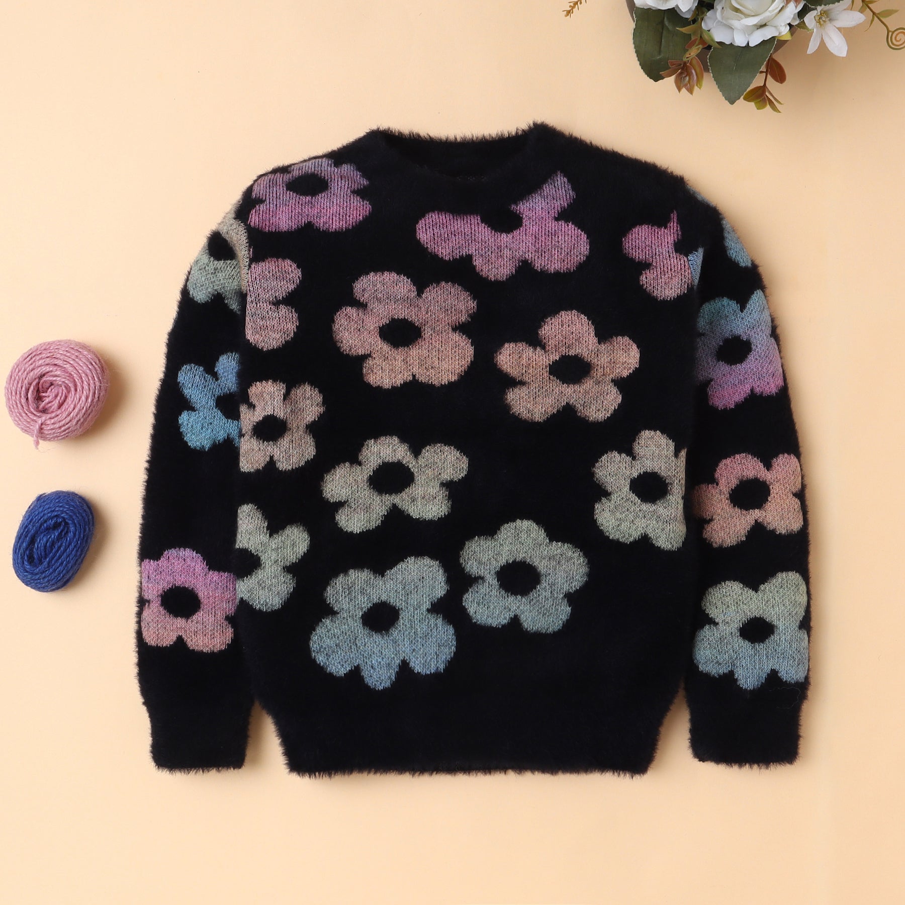 Baby Girls Black Floral Knit Sweater