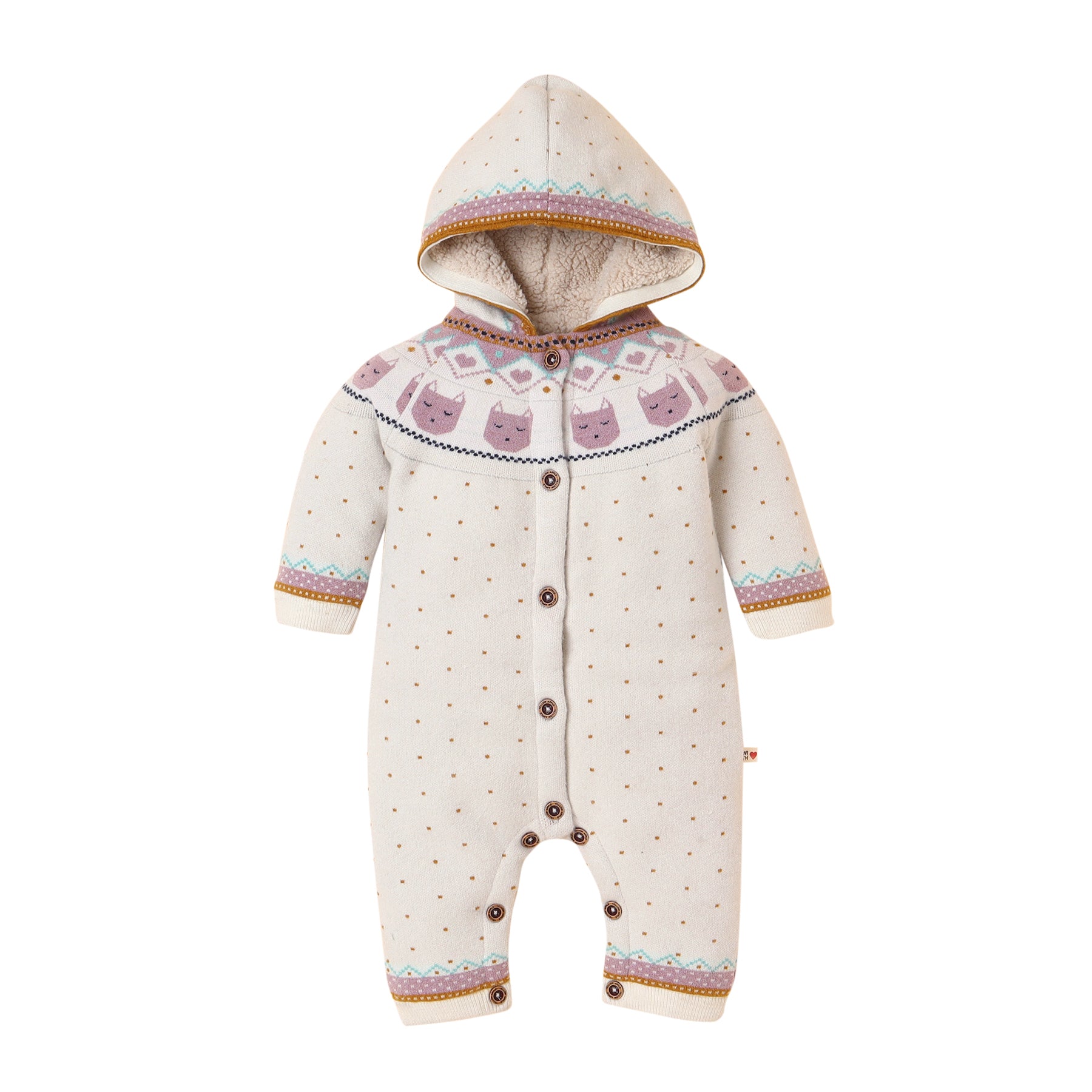 Baby White Hooded Knit Romper with Cat Pattern