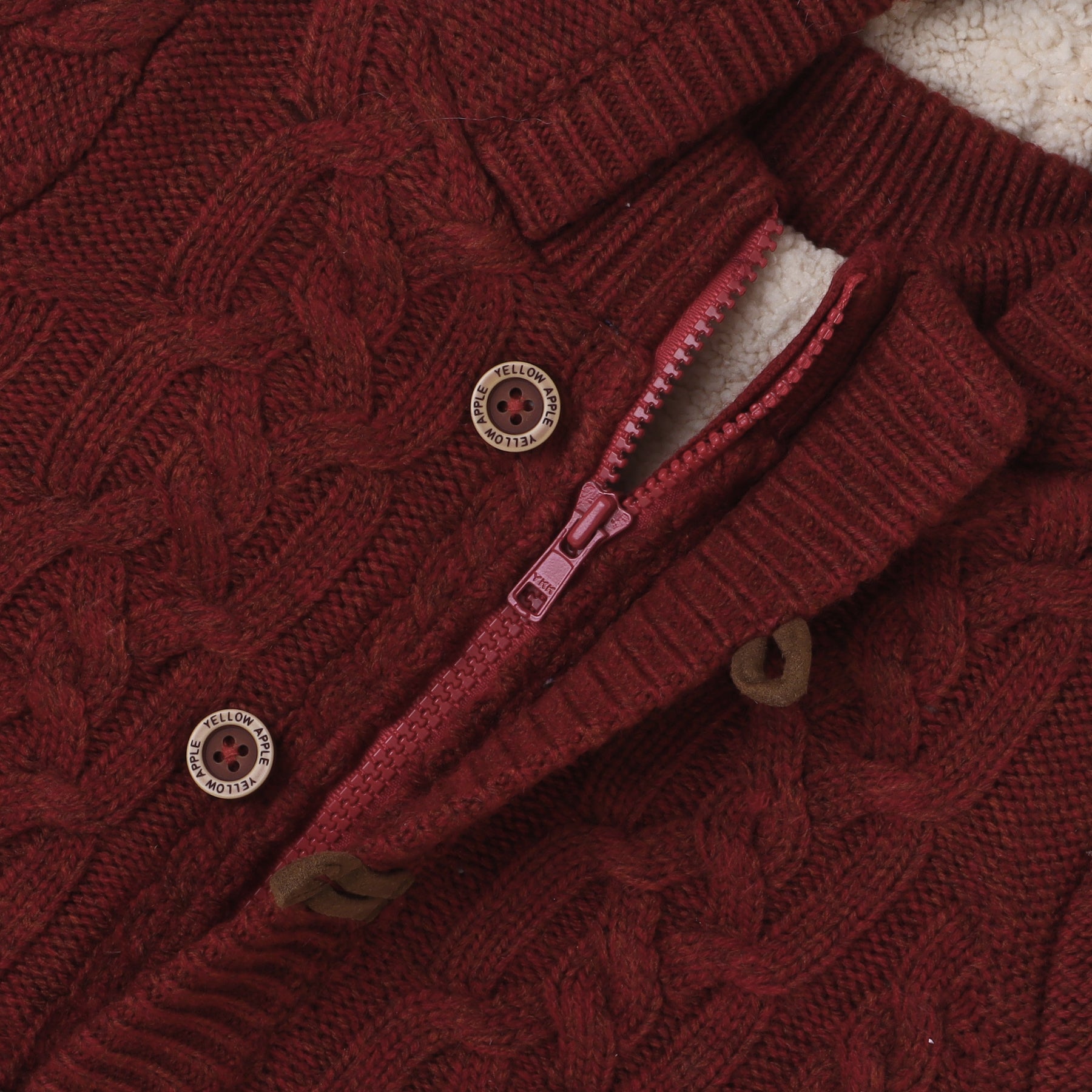 Kids Burgundy Hooded Cable Knit Jacket with Fleece Lining