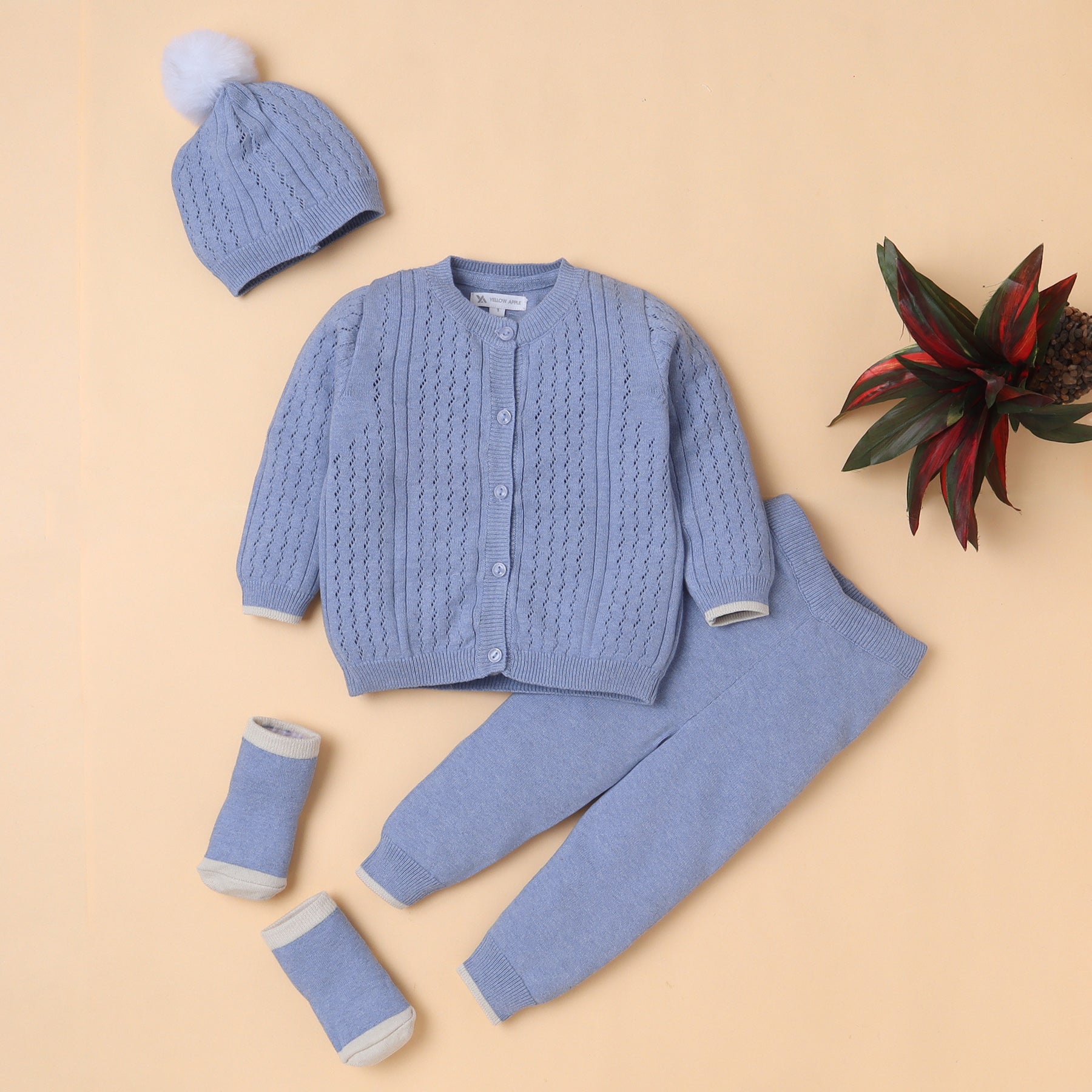 Baby Sky Blue Knitted Cardigan Set with Cap, Socks & Pants