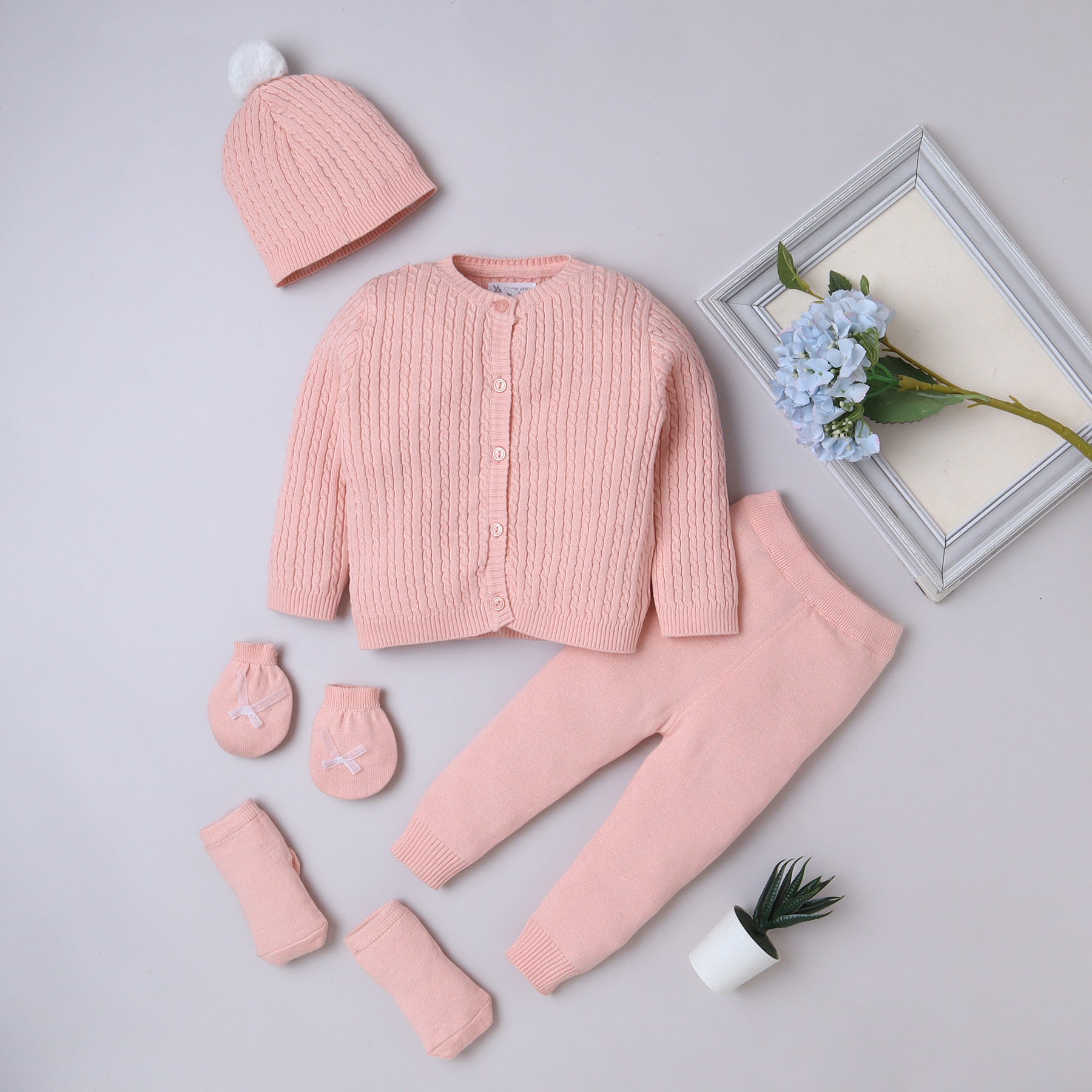 Baby Peach Knitted Cardigan Set with Cap, Mittens & Socks