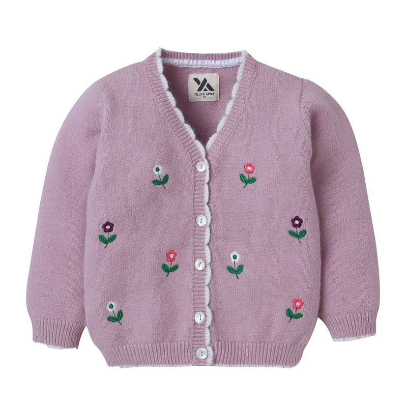 Girls Lavender Knit Cardigan with Floral Embroidery