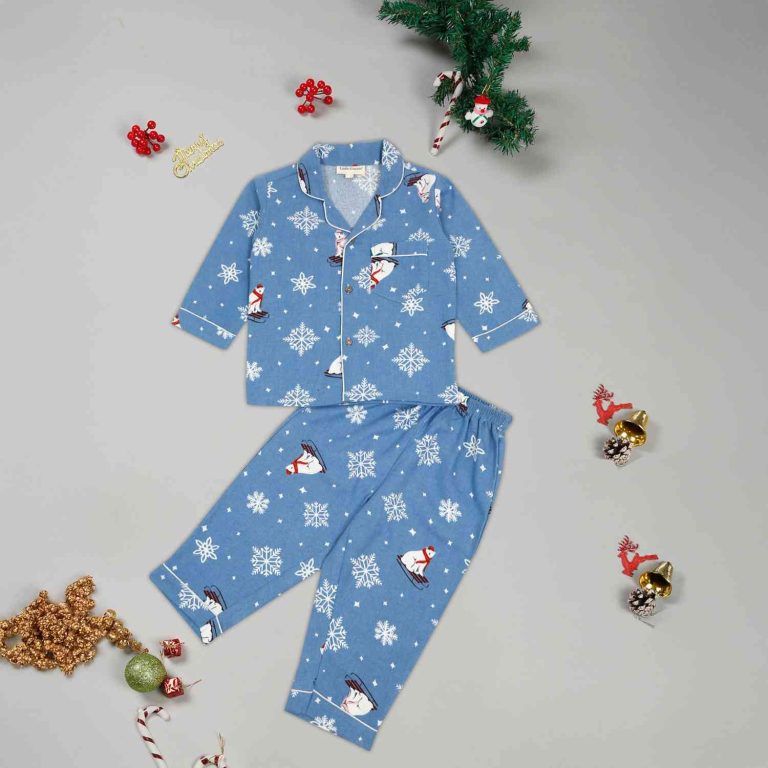 Cotton Night Suit for Boys - Blue Snowflakes