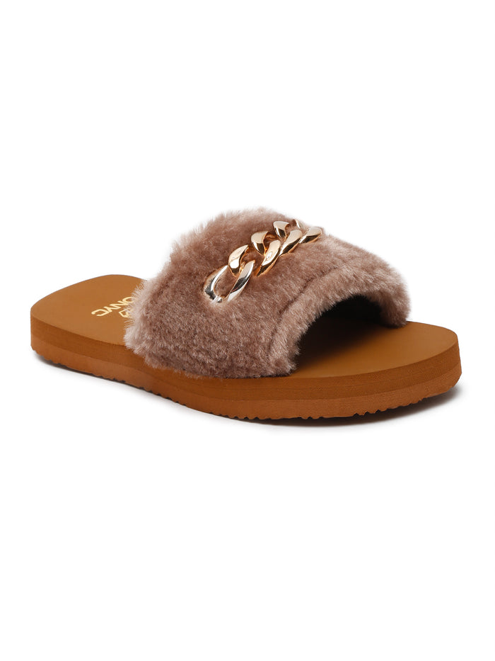 ONYC SuperComfy Brown Fur Sliders for Girls