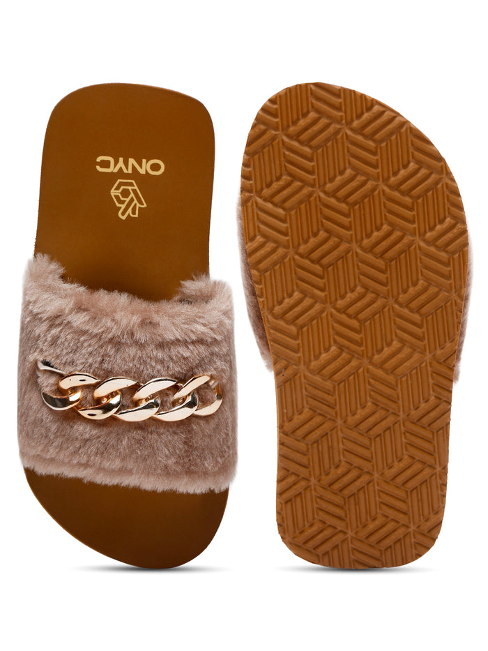ONYC SuperComfy Brown Fur Sliders for Girls