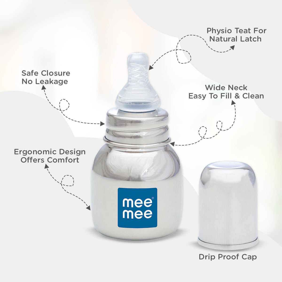 Mee Mee Baby Steel Feeding Bottle 120Ml | Baby Milk Bottle With Advanced Anti Colic Valve, Bpa Free, Soft Silicone Teat, Slim Neck For Babies/Infants/Newborns Of 0-2 Years