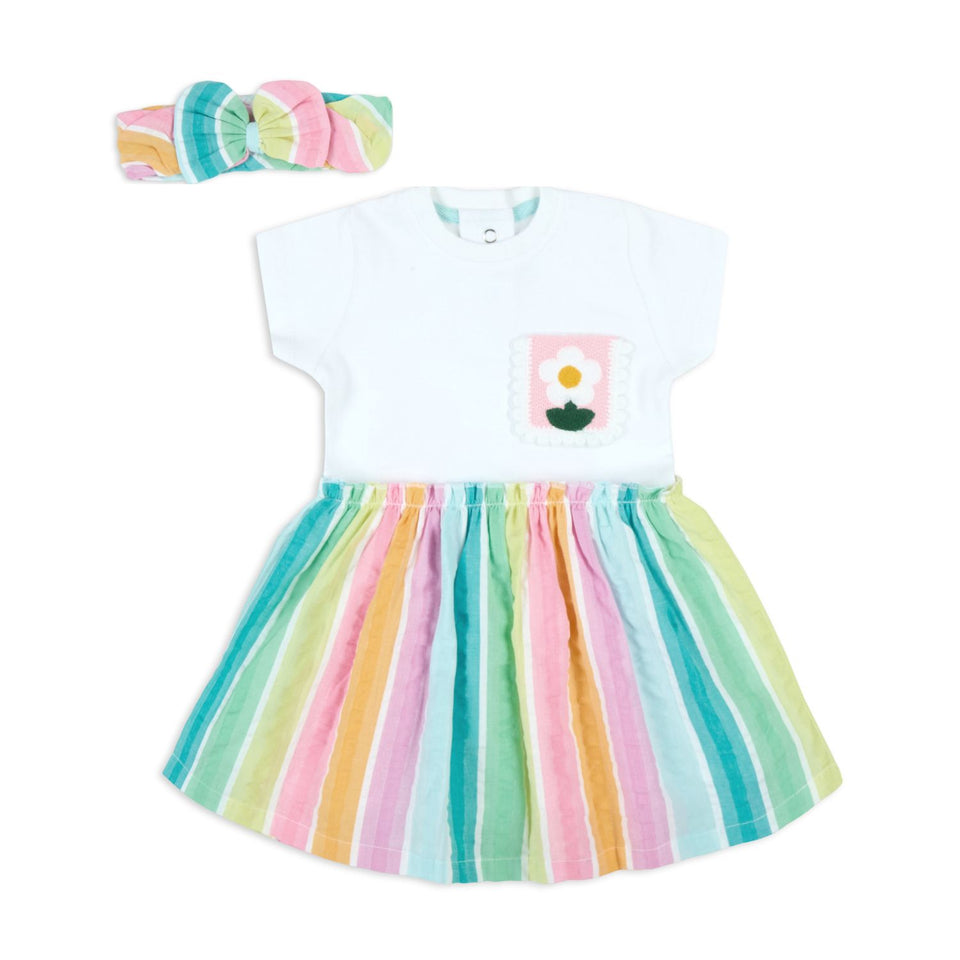 Rainbow Seersucker Stripes Mix-Media Dress With Hairband(Multi)