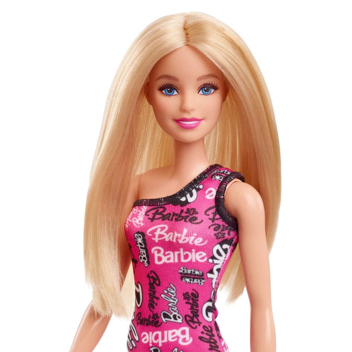 Barbie Fashion Doll with straight Blonde Hair wearing Removable Pink one-shoulder dress & shoes with logo Print