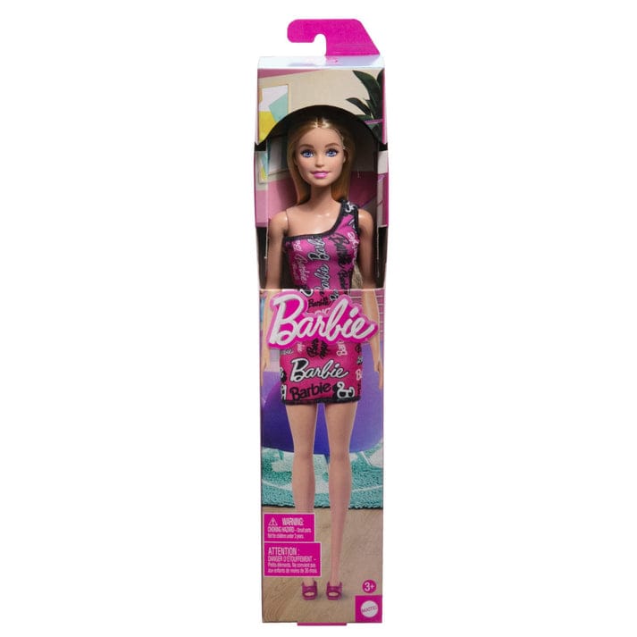 Barbie Fashion Doll with straight Blonde Hair wearing Removable Pink one-shoulder dress & shoes with logo Print