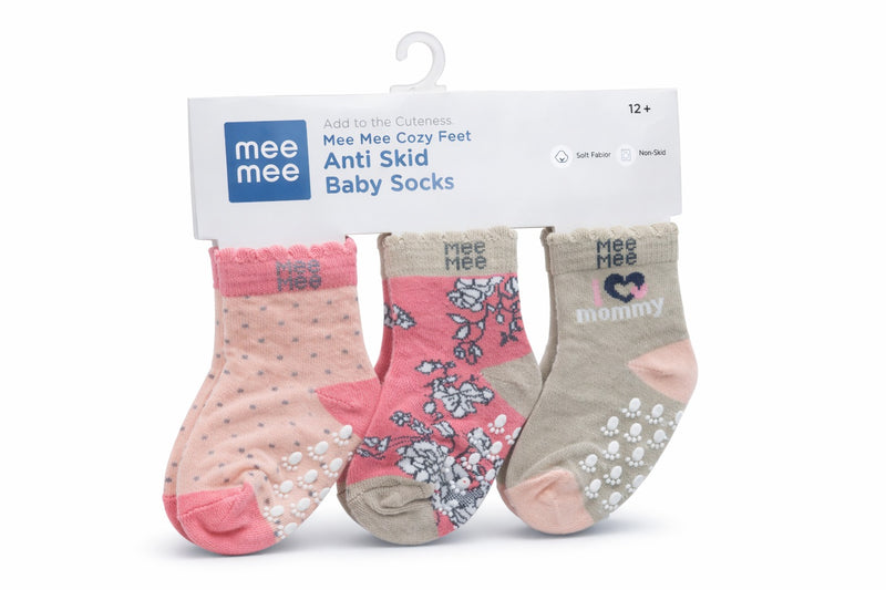 Mee Mee Cozy Feet Anti Skid Baby Socks Pack of 3 (Grey, Pink, Peach)