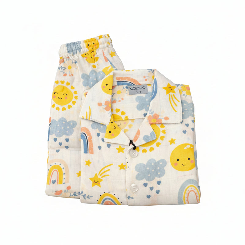 Baby Cotton Pajama Set – Short Sleeve Top and Pants with Rainbow and Sun Print