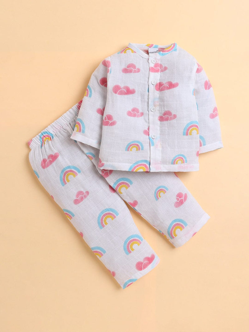 Polka Tots Soft Muslin Cotton Full sleeves Rainbow Mist print Jhabla and Pant Set - Multicolor