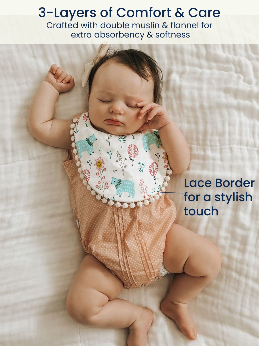 Polka Tots Newborn Pack of 3 100% Soft Muslin Cotton Bib Set with Pom-Pom Lace