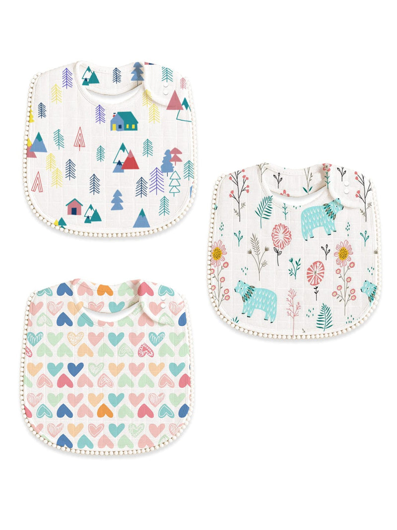 Polka Tots Newborn Pack of 3 100% Soft Muslin Cotton Bib Set with Pom-Pom Lace