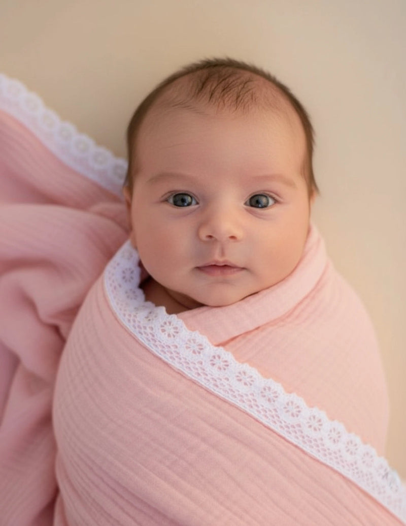 Organic Muslin Baby Swaddle/Blanket With Lace | Soft Pink Dream Wrap