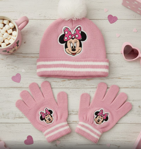 Kids Minnie Knitted Winter Hat & Gloves Set – Pink