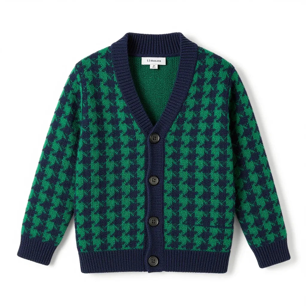 Kids Navy and Green Houndstooth Knit Cardigan