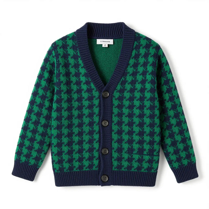 Kids Navy and Green Houndstooth Knit Cardigan