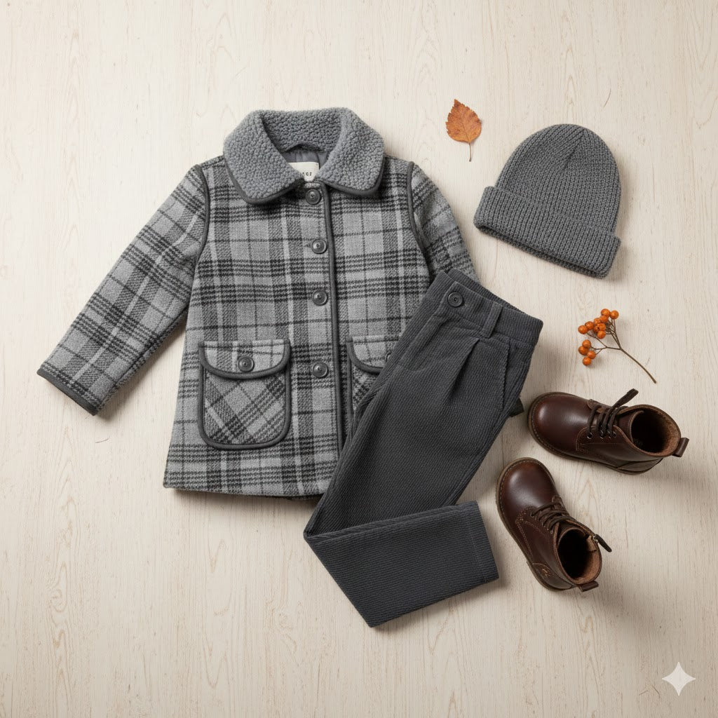 Grey Checkered Winter Coat & Corduroy Pants Set
