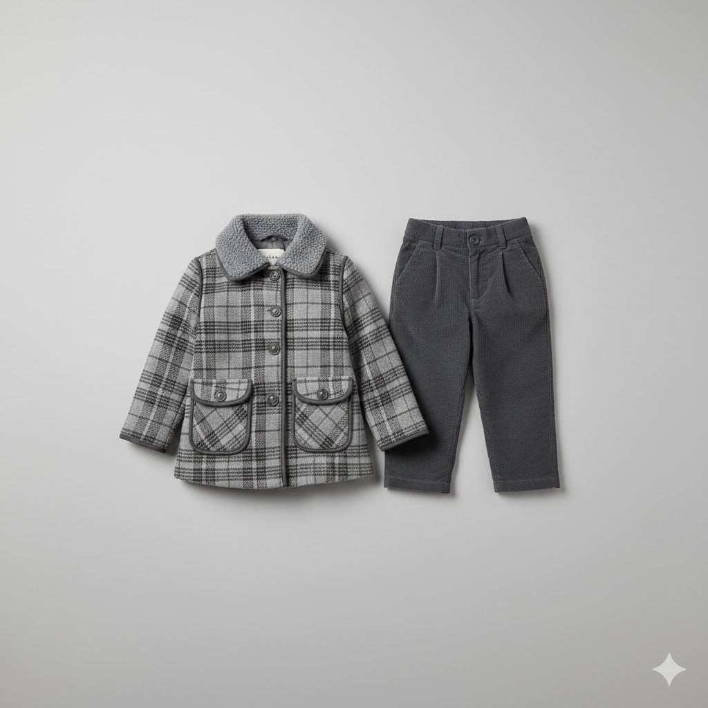 Grey Checkered Winter Coat & Corduroy Pants Set