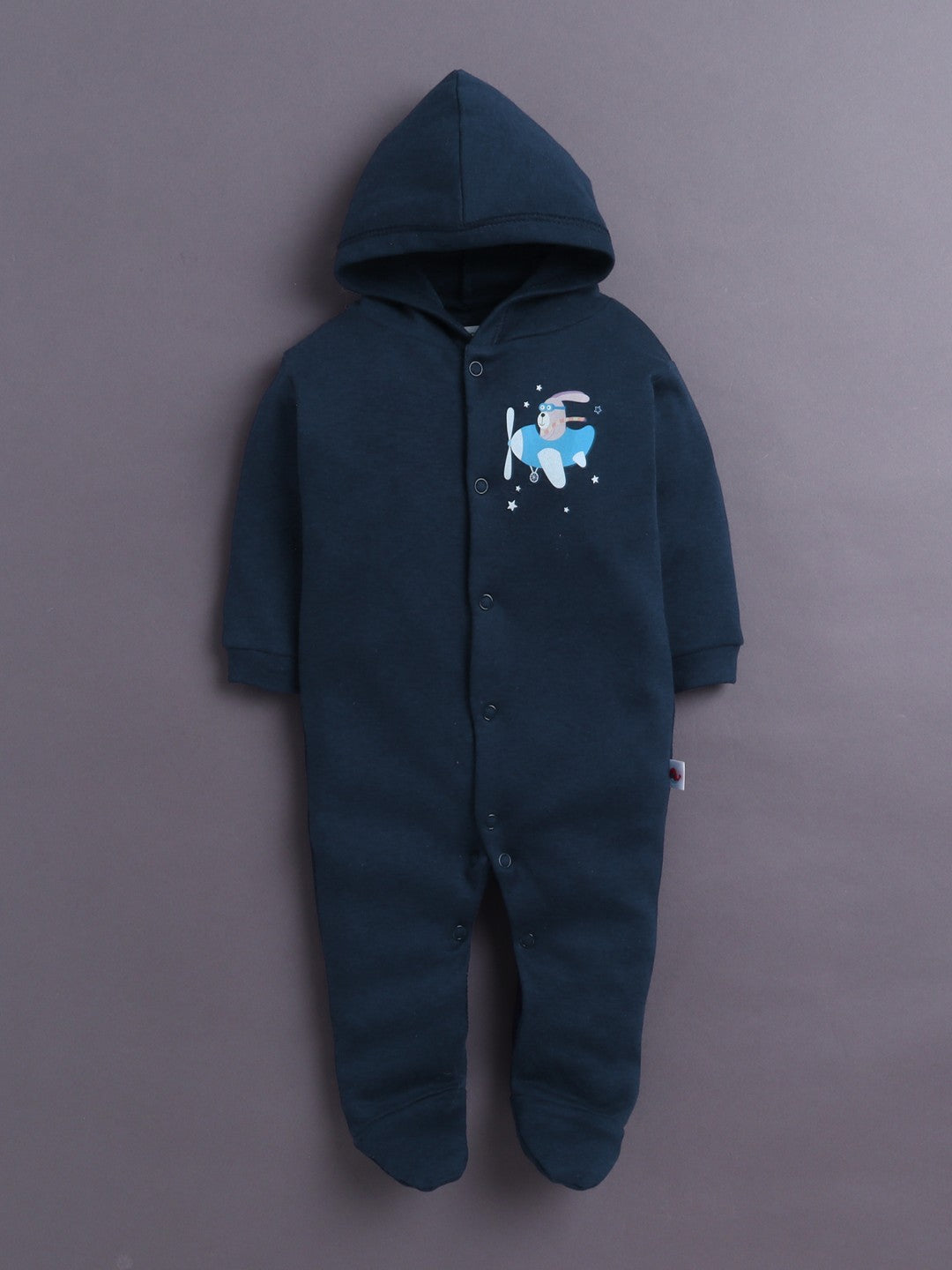 Navy & White Baby Boys Full Sleeves Hooded Sleepsuit Pack Of 2