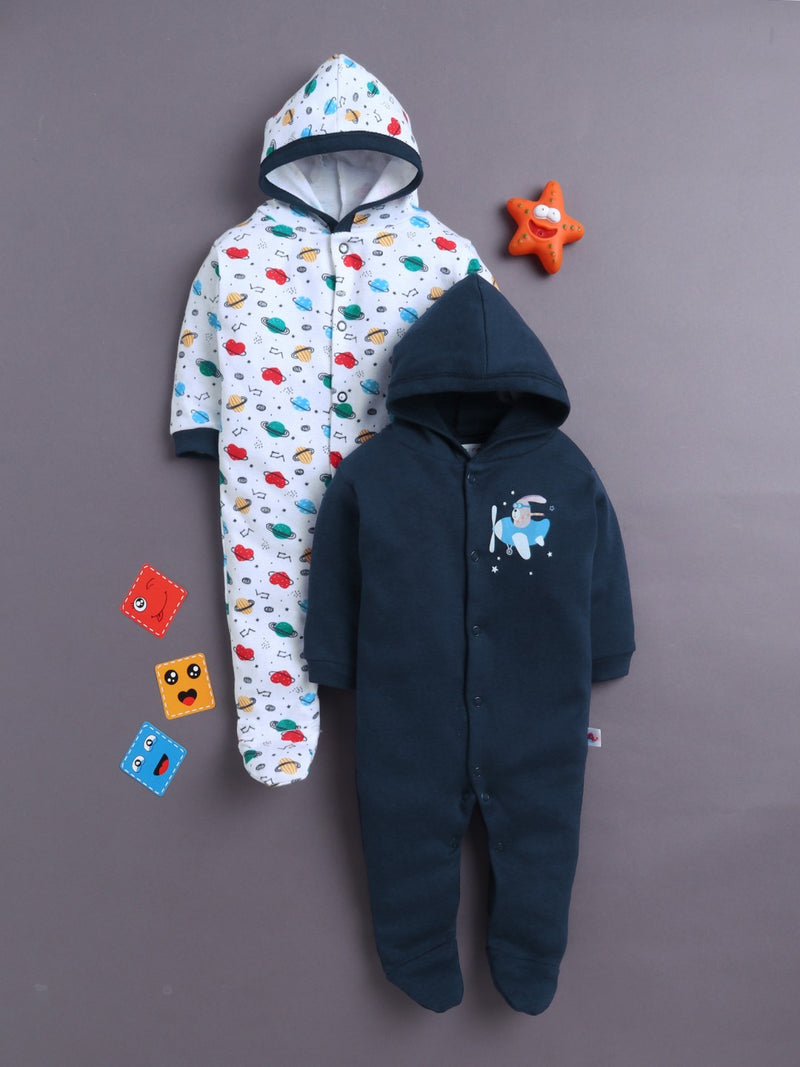 Navy & White Baby Boys Full Sleeves Hooded Sleepsuit Pack Of 2