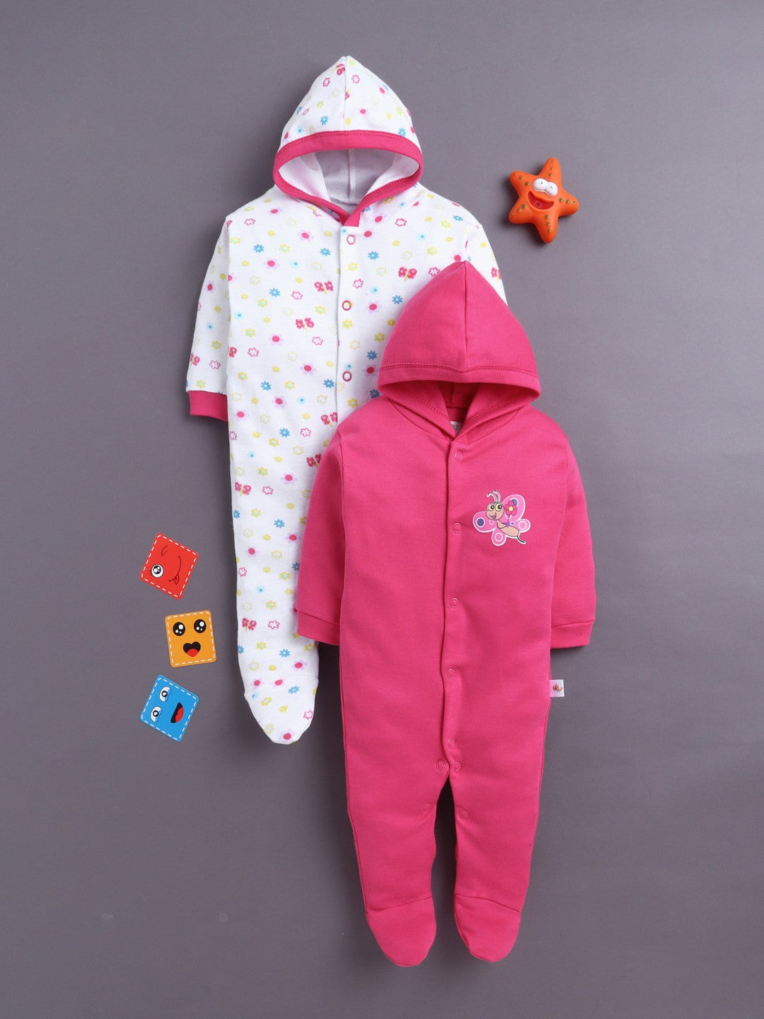 Pink & White Baby Girls Full Sleeves Hooded Sleepsuit Pack Of 2