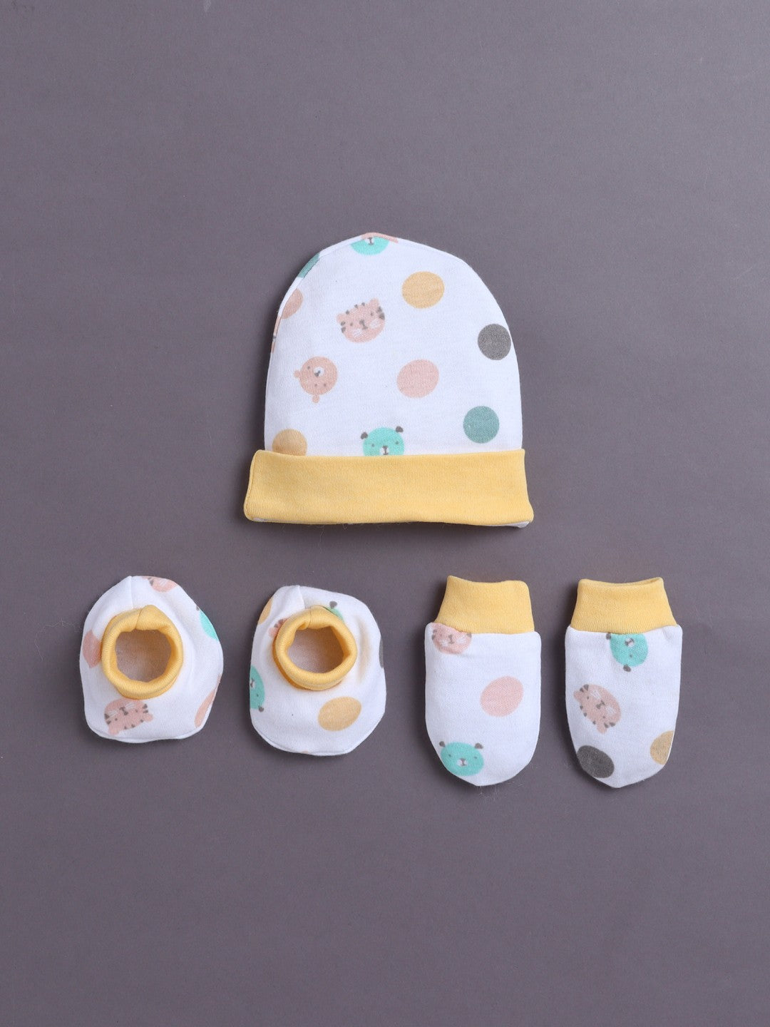 White & Yellow Boys Cotton Cap Mitten Bootie Set
