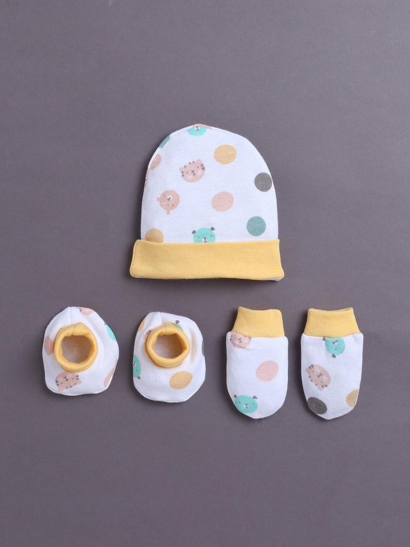 White & Yellow Boys Cotton Cap Mitten Bootie Set