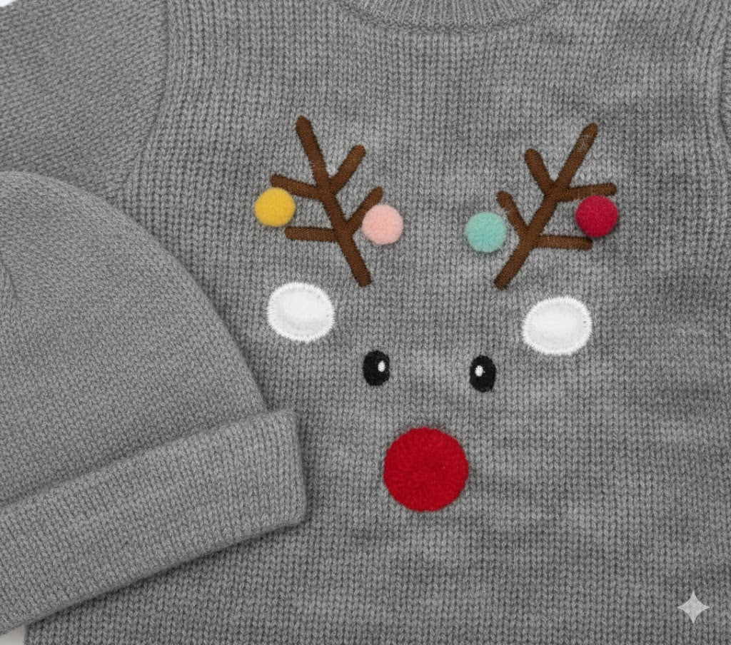 Grey Reindeer Knitted Romper with Cap