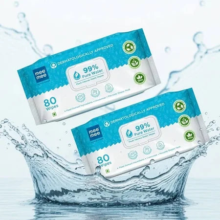 Mee Mee Pure Water Wet Wipes With Lid 80 Pcs × 2 (160 Pcs) Unscented, Plant Derived, Super Thick Baby Wet Pure Wipes