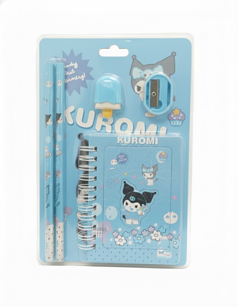 Kuromi Cute Stationery Gift Set With Notebook, Pencils, Eraser & Sharpener (Blue)