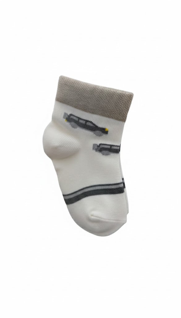 Kids Fancy Boys Ankle SocksWhite With Car Design