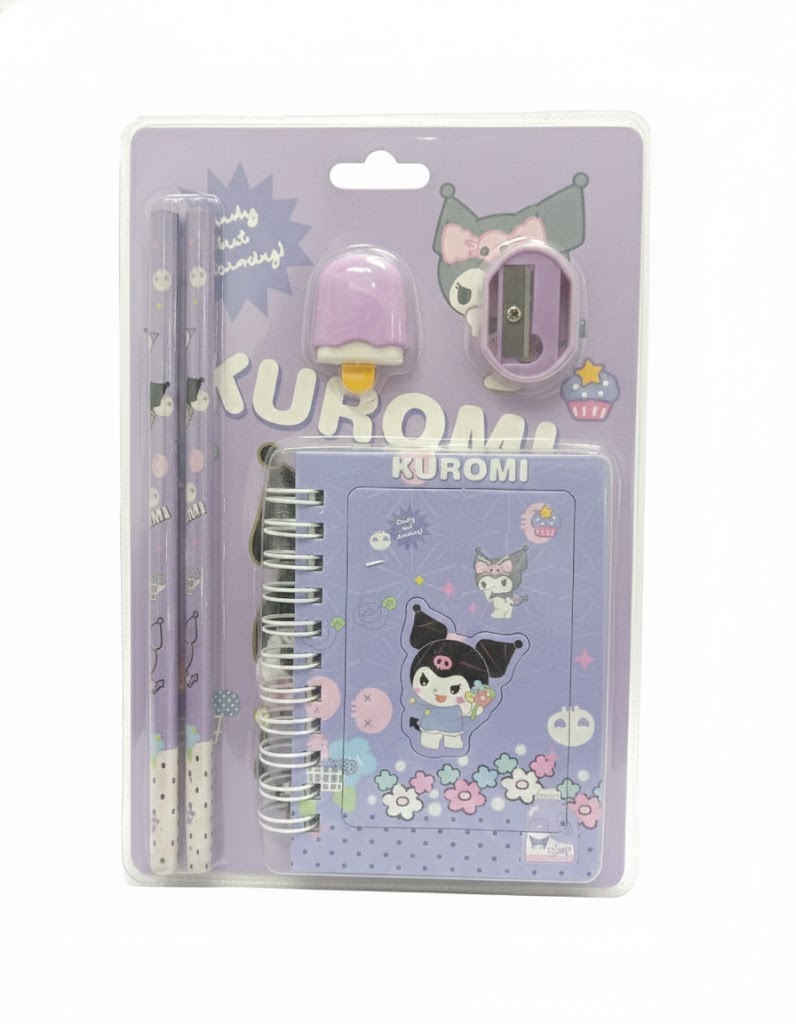 Kuromi Cute Stationery Gift Set With Notebook, Pencils, Eraser & Sharpener (Purple)